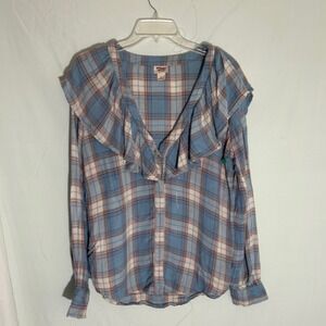 Mossimo‎ Supply Co Plaid Ruffle V Neck Long Sleeve Blouse Womens Size M